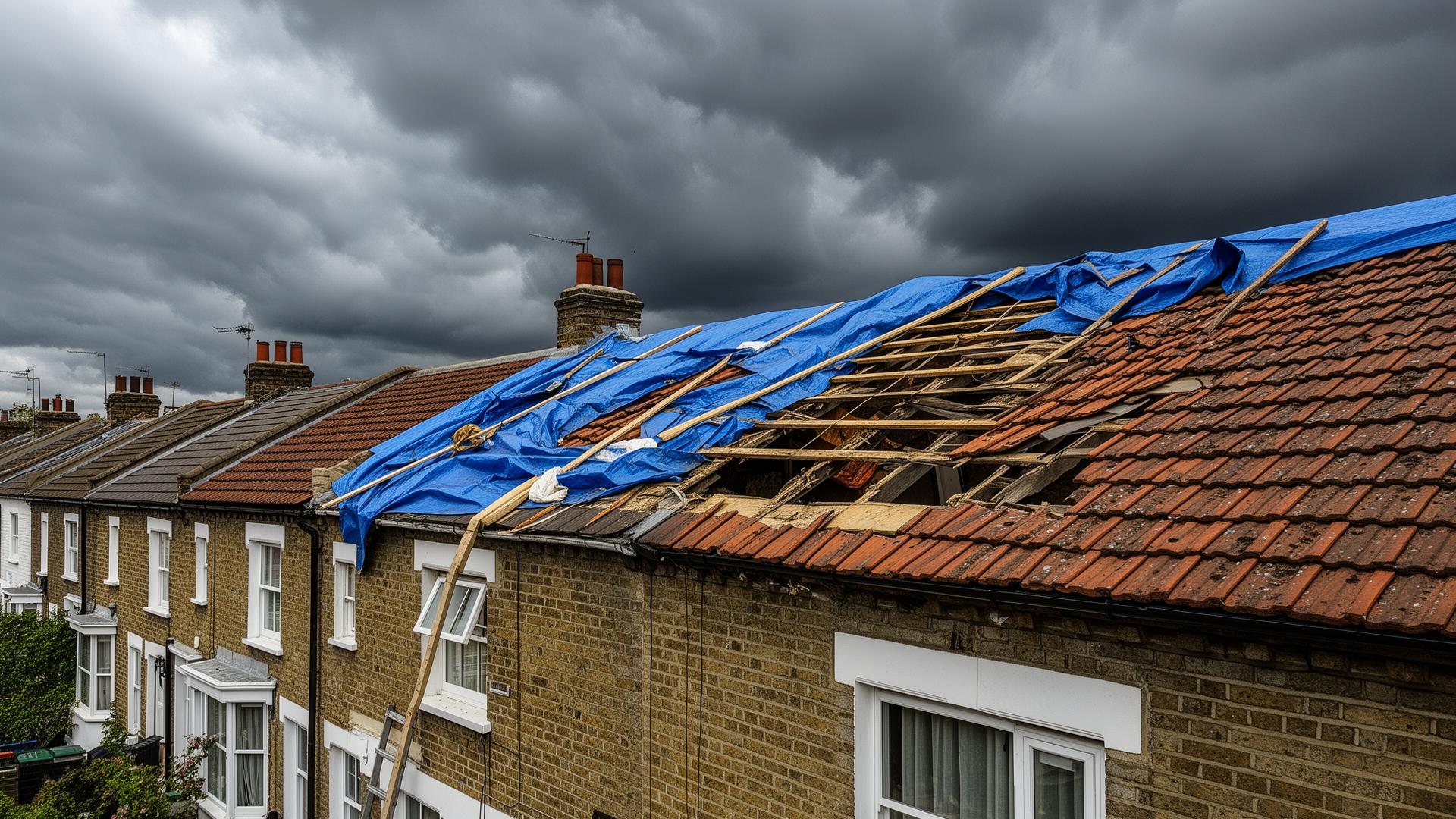 Emergency tarpaulin repair on storm-damaged roof in London