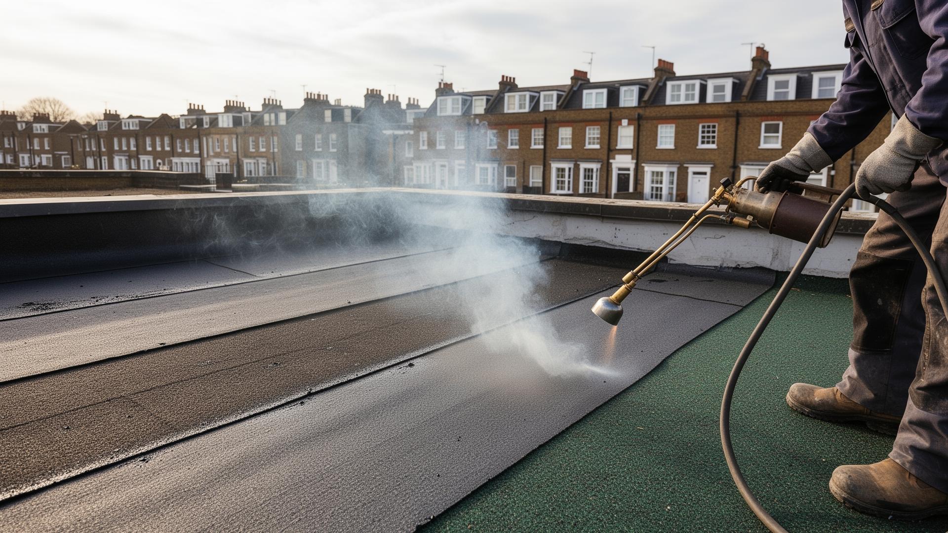 Torch-on felt roofing installation with gas torch on flat roof in London