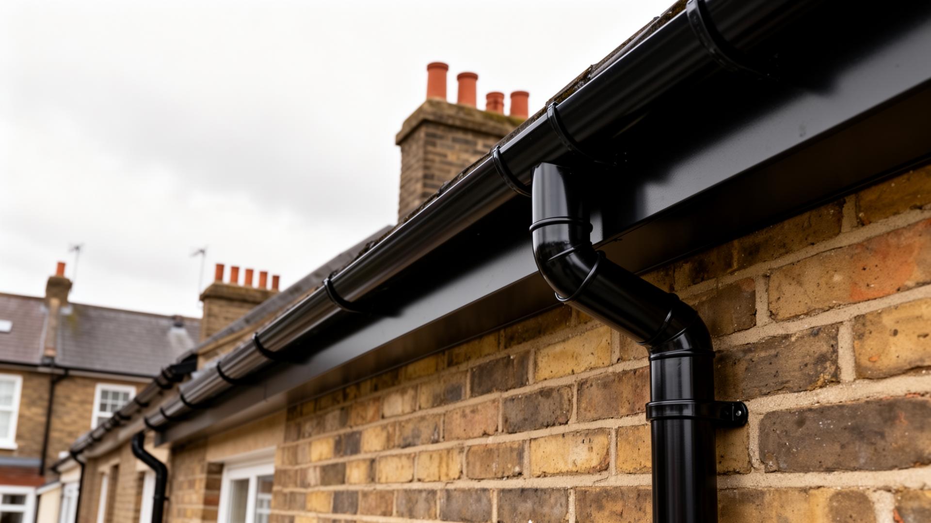 New black aluminium guttering and downpipe installed on London terraced house