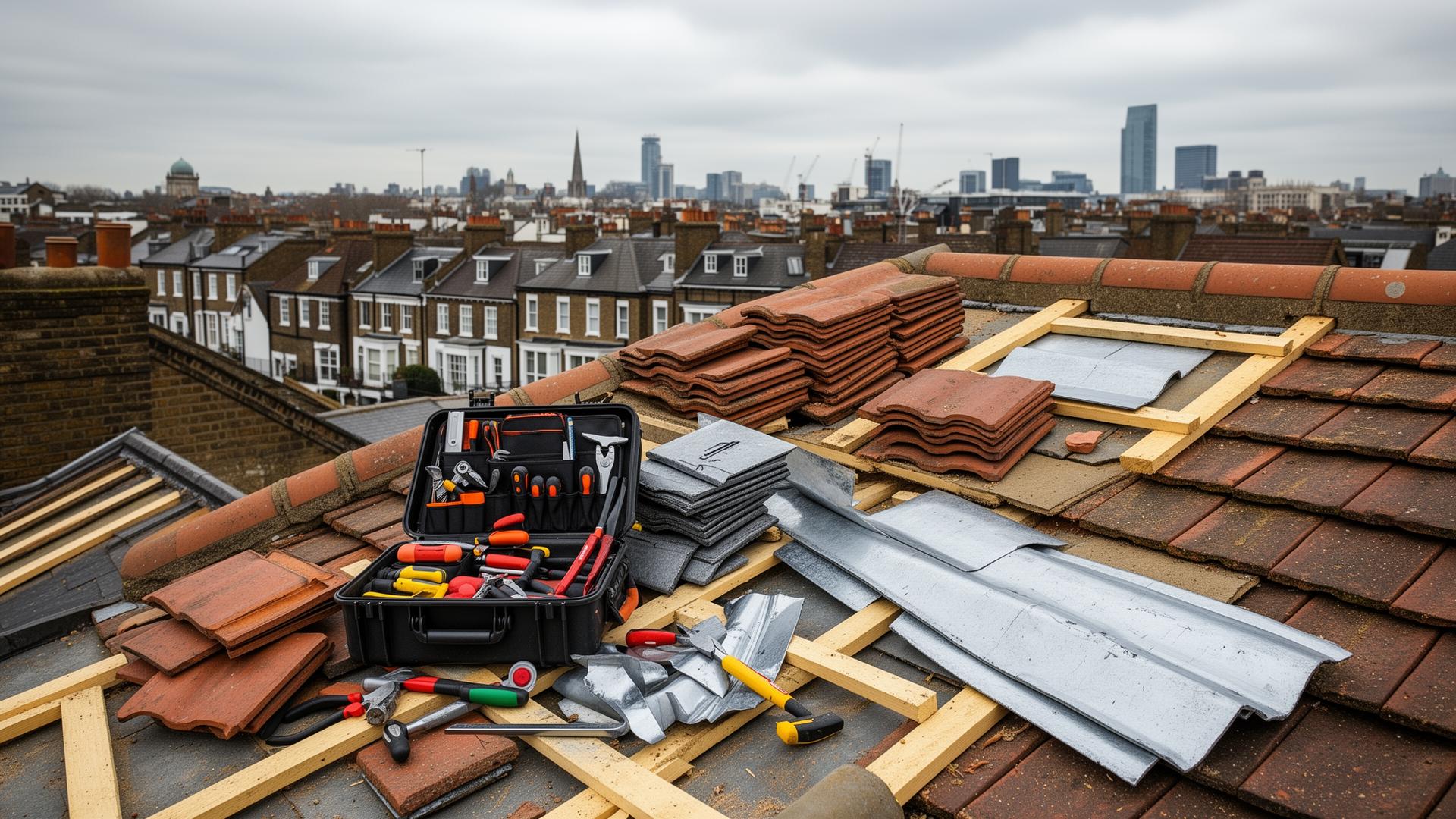 Professional roofing tools and materials on a London rooftop with city skyline