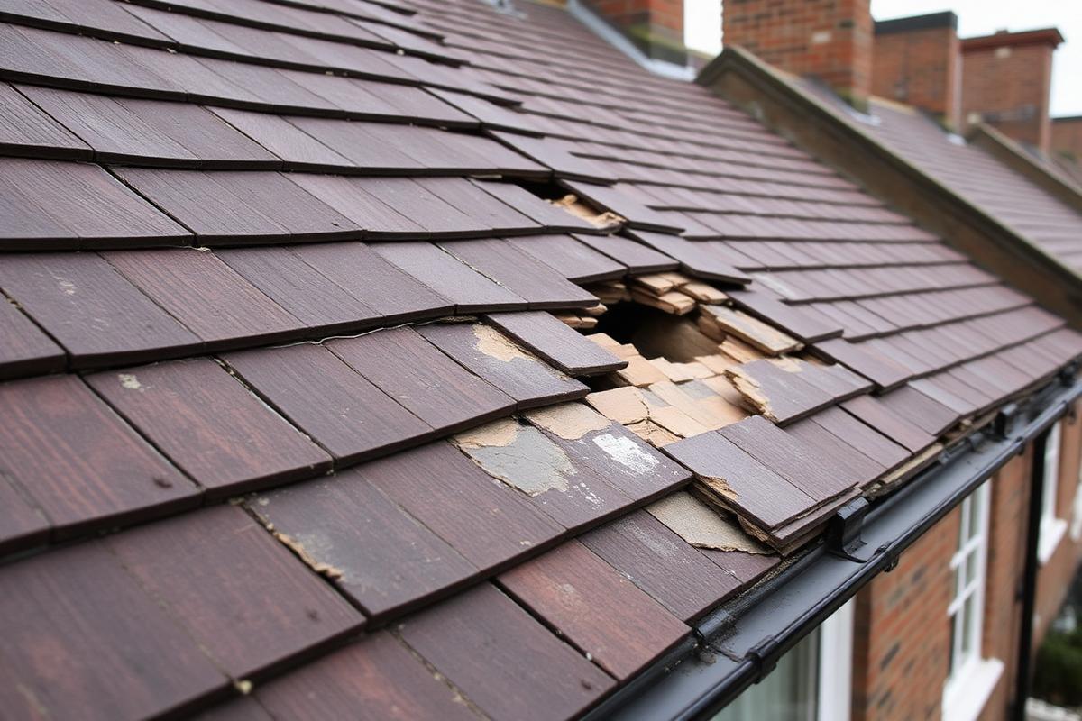 Damaged roof tiles with missing and cracked sections on a Victorian London property